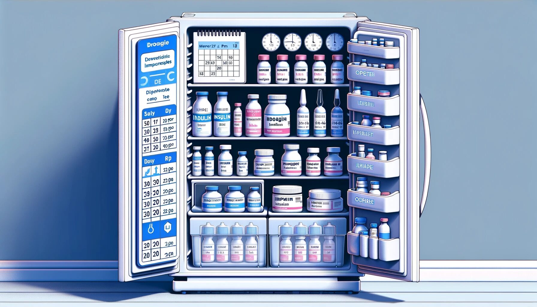 Organized refrigerator showing various insulin products with temperature labels and a calendar for tracking usage.